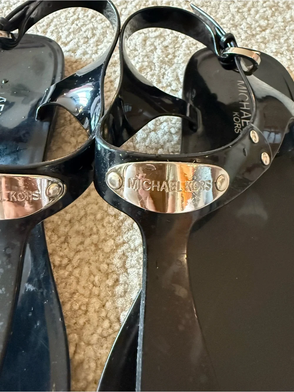 Michael Kors Black Jelly T-Strap Sandals with Logo Plaque